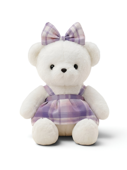 10-Inch Teddy Bear Plush with Purple Plaid Dress ST14455.