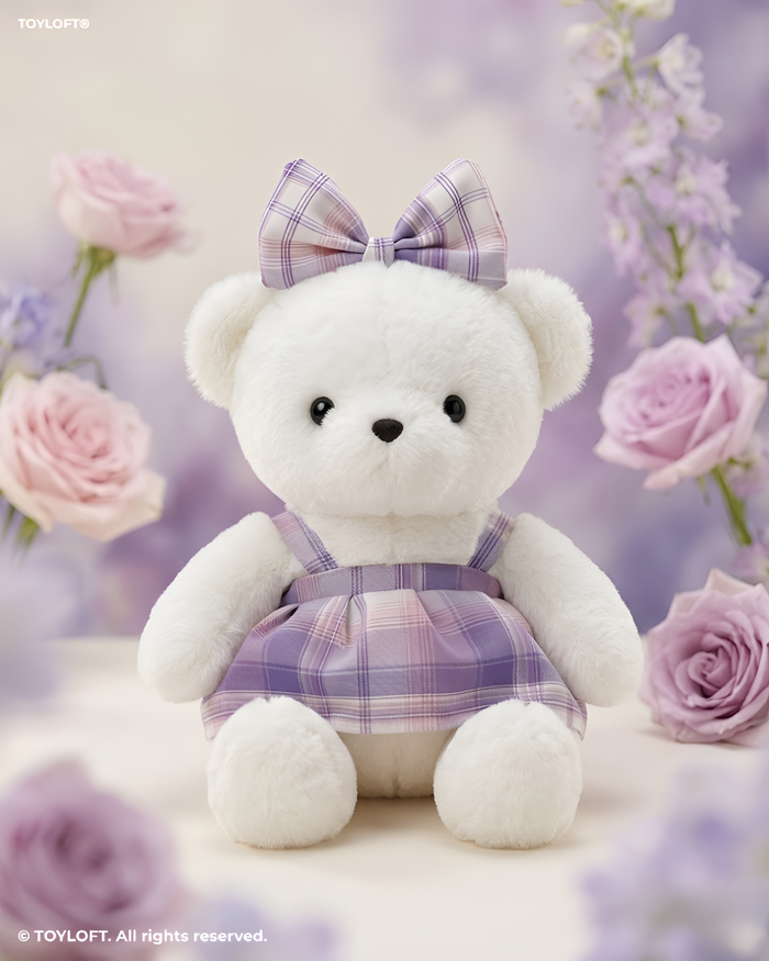 10-Inch Teddy Bear Plush with Purple Plaid Dress ST14455.