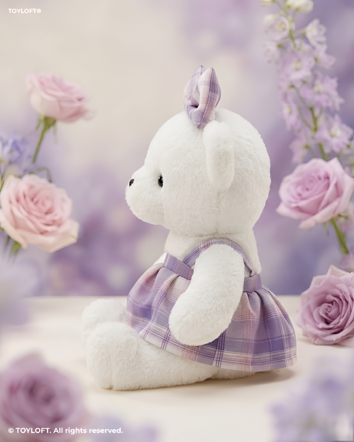 10-Inch Teddy Bear Plush with Purple Plaid Dress ST14455.
