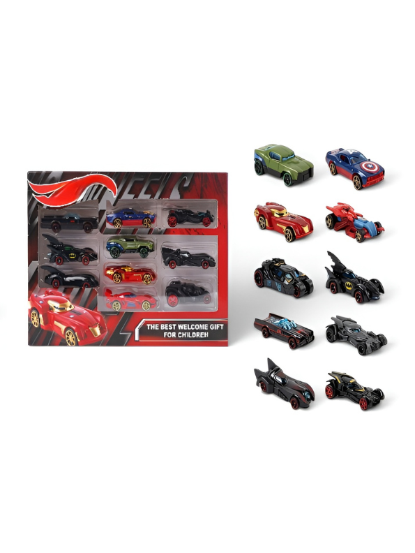 10-Piece Alloy Metal Character Racing Cars – Durable Die-Cast Mini Batmobile & Superhero Vehicle Play Set TV7386