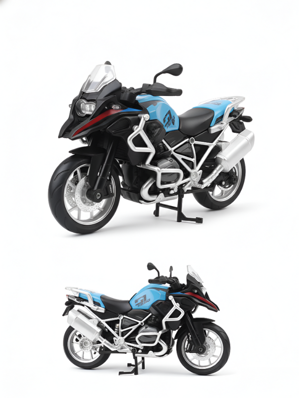 1:8 Scale Adventure Touring Diecast Motorcycle – Blue/Black Dual-Sport Toy Bike with Working Suspension and Kickstand