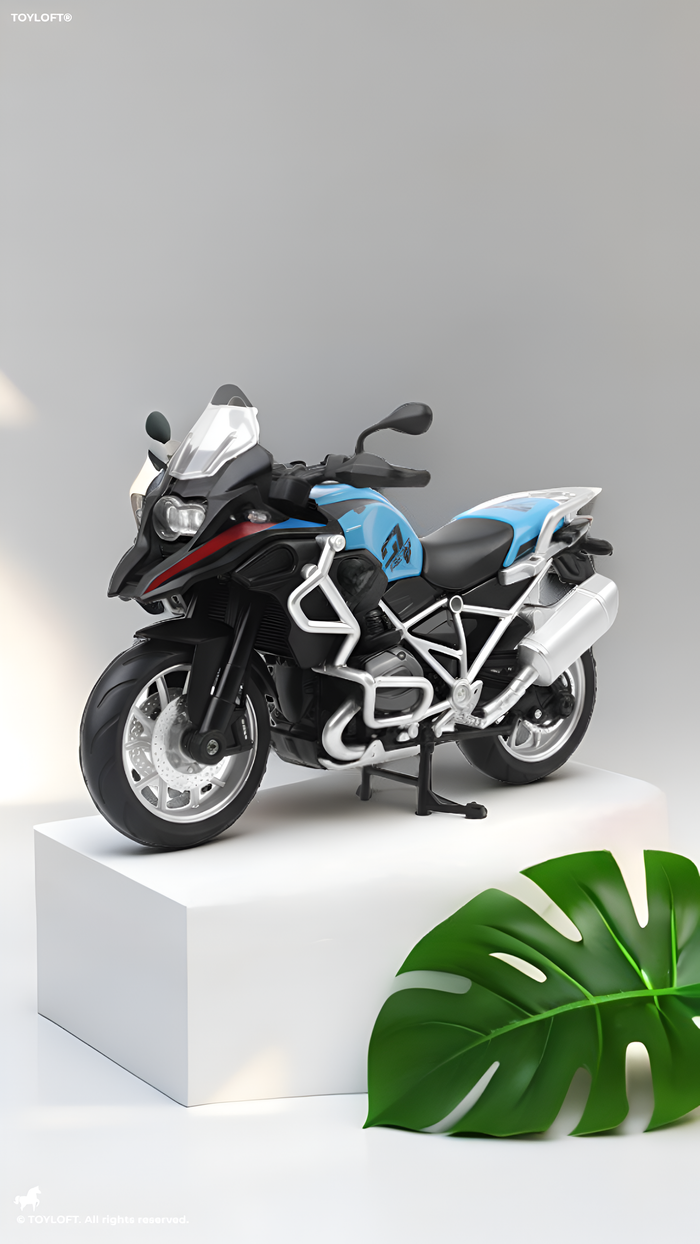 1:8 Scale Adventure Touring Diecast Motorcycle – Blue/Black Dual-Sport Toy Bike with Working Suspension and Kickstand