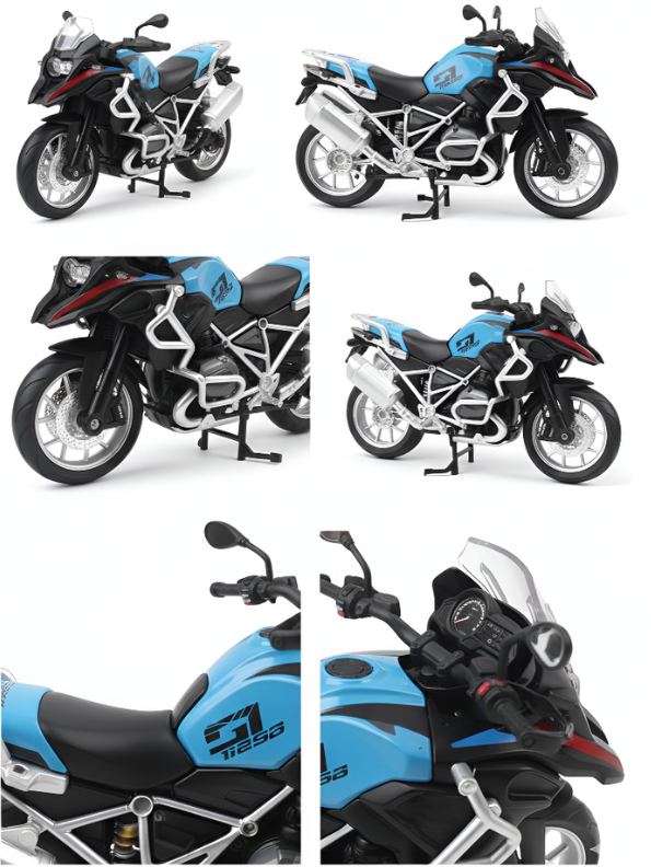 1:8 Scale Adventure Touring Diecast Motorcycle – Blue/Black Dual-Sport Toy Bike with Working Suspension and Kickstand