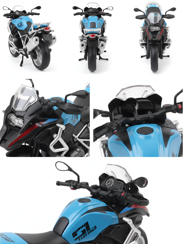 1:8 Scale Adventure Touring Diecast Motorcycle – Blue/Black Dual-Sport Toy Bike with Working Suspension and Kickstand