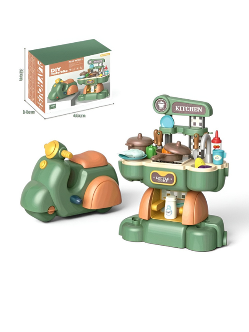 2-in-1 Kids Kitchen Playset & Ride-On Motorcycle – 45PCS Pretend Cooking Toy Set with Food Accessories TV6942.