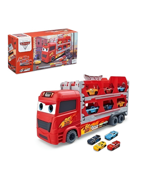 2-in-1 Transport Truck Toy with Foldable Race Tracks & Cars – Red Racing Hauler Set MD2984.