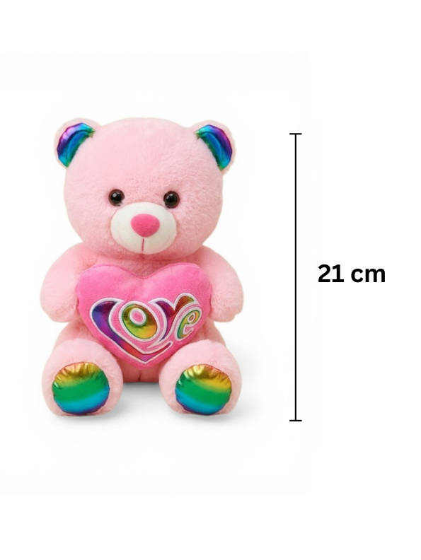 21 cm Plush Teddy Bear with Rainbow Metallic Accents & Red “Love” Heart ST16173.