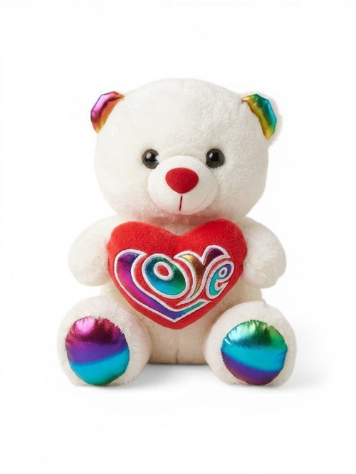21 cm Plush Teddy Bear with Rainbow Metallic Accents & Red “Love” Heart White ST16173.