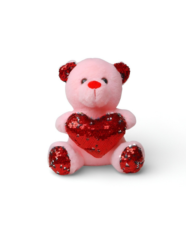 21cm Cute Sequin Heart Teddy Bear Soft Plush Toy Red Reversible Sequin Light Pink ST16164.