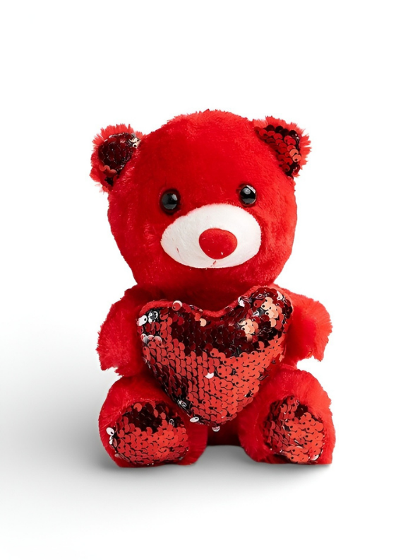 21cm Cute Sequin Heart Teddy Bear Soft Plush Toy Red Reversible Sequin Red ST16164.