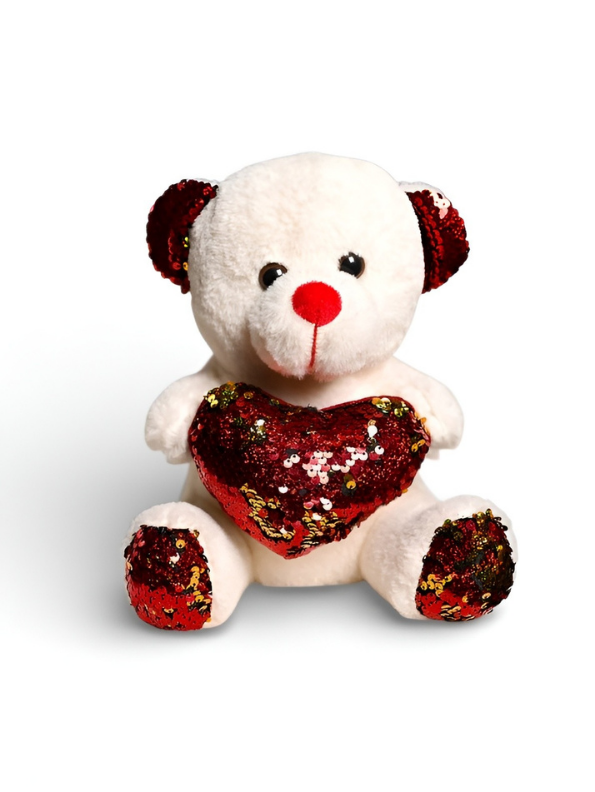 21cm Cute Sequin Heart Teddy Bear Soft Plush Toy Red Reversible Sequin ST16164.