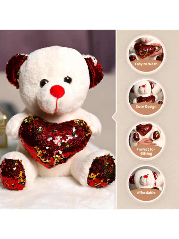 21cm Cute Sequin Heart Teddy Bear Soft Plush Toy Red Reversible Sequin ST16164.