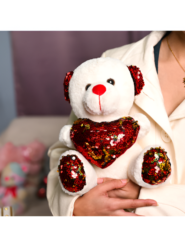 21cm Cute Sequin Heart Teddy Bear Soft Plush Toy Red Reversible Sequin ST16164.