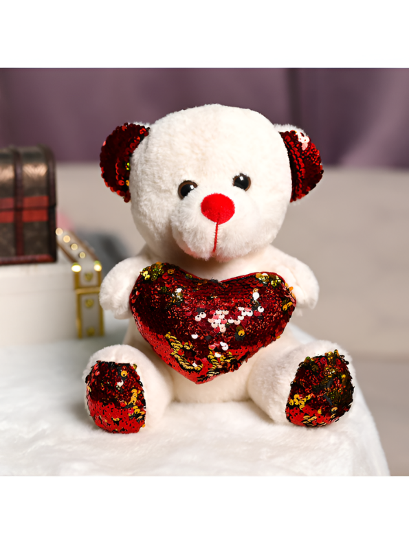 21cm Cute Sequin Heart Teddy Bear Soft Plush Toy Red Reversible Sequin ST16164.