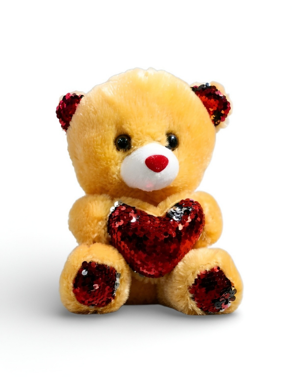 21cm Cute Sequin Heart Teddy Bear Soft Plush Toy Red Reversible Sequin Yellow ST16164.