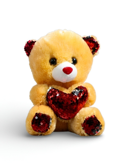 21cm Cute Sequin Heart Teddy Bear Soft Plush Toy Red Reversible Sequin Yellow ST16164.