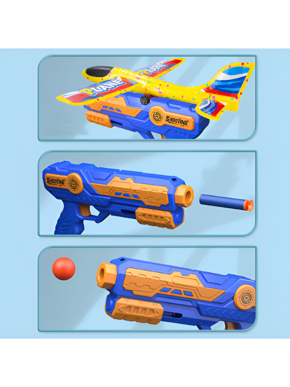 3-in-1 Foam Airplane Launcher Gun with Foam Darts and Foam Ball – Catapult Aircraft Toy Gun for Kids TV7348