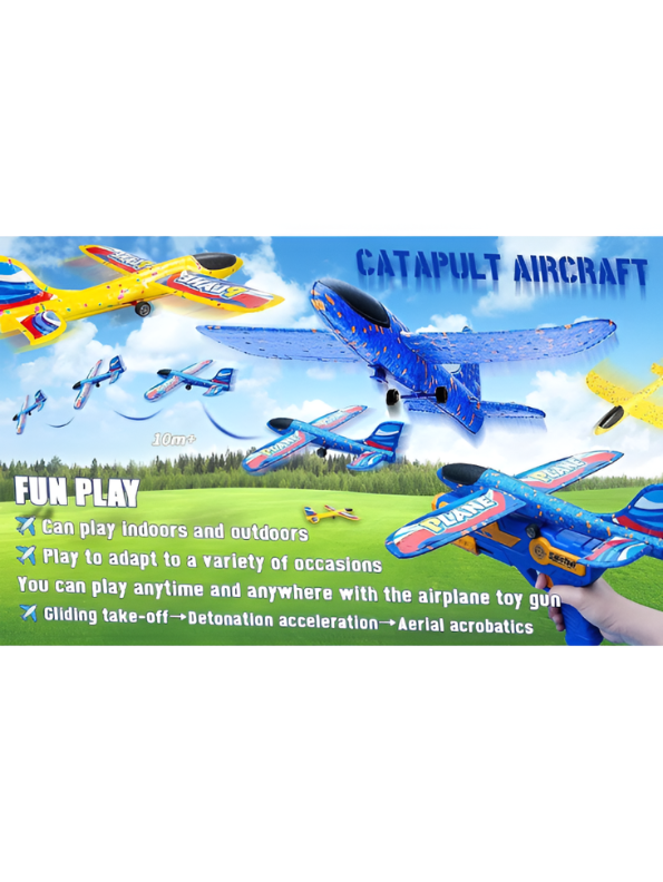 3-in-1 Foam Airplane Launcher Gun with Foam Darts and Foam Ball – Catapult Aircraft Toy Gun for Kids TV7348