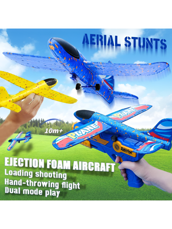3-in-1 Foam Airplane Launcher Gun with Foam Darts and Foam Ball – Catapult Aircraft Toy Gun for Kids TV7348