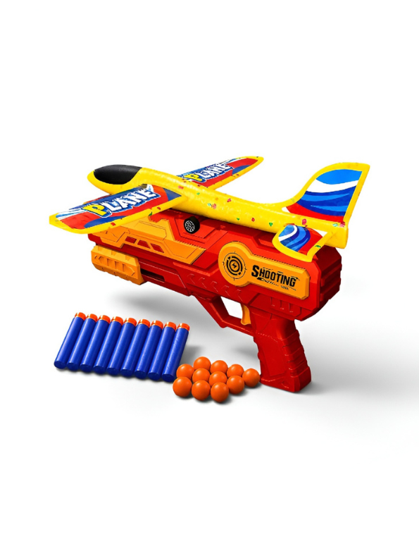 3-in-1 Foam Airplane Launcher Gun with Foam Darts and Foam Ball – Red Catapult Aircraft Toy Gun for Kids TV7348