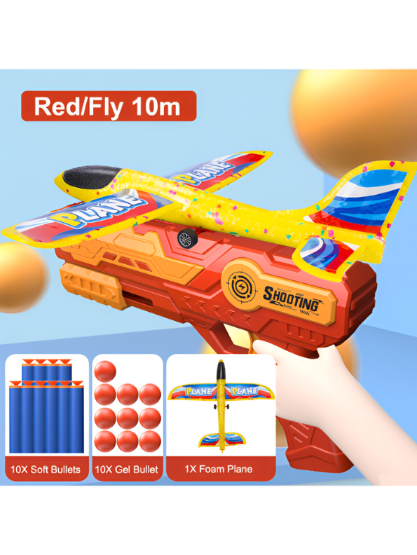 3-in-1 Foam Airplane Launcher Gun with Foam Darts and Foam Ball – Red Catapult Aircraft Toy Gun for Kids TV7348