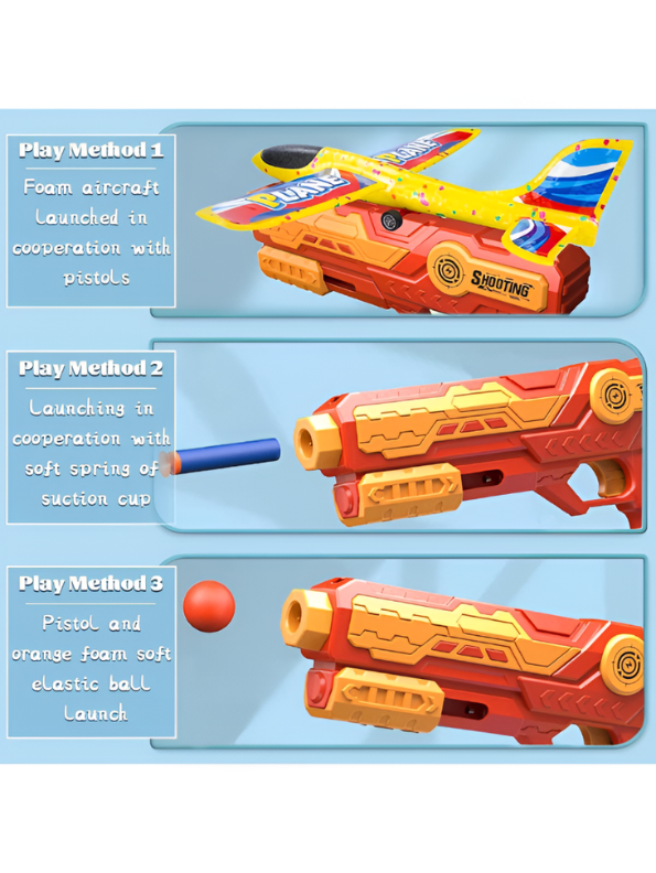 3-in-1 Foam Airplane Launcher Gun with Foam Darts and Foam Ball – Red Catapult Aircraft Toy Gun for Kids TV7348