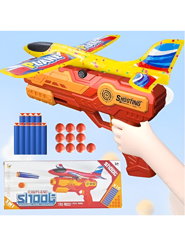 3-in-1 Foam Airplane Launcher Gun with Foam Darts and Foam Ball – Red Catapult Aircraft Toy Gun for Kids TV7348