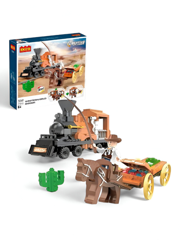 3-in-1 Western Gold Digger Building Block Set - 212 PCS Steam Train & Horse Wagon Building Block Set - COGO Cowboy Toy TV5632