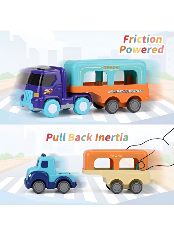 3-Piece Mini Cartoon Hauler Truck Set – Toddler Push-and-Go Vehicle Carrier Toys MD698