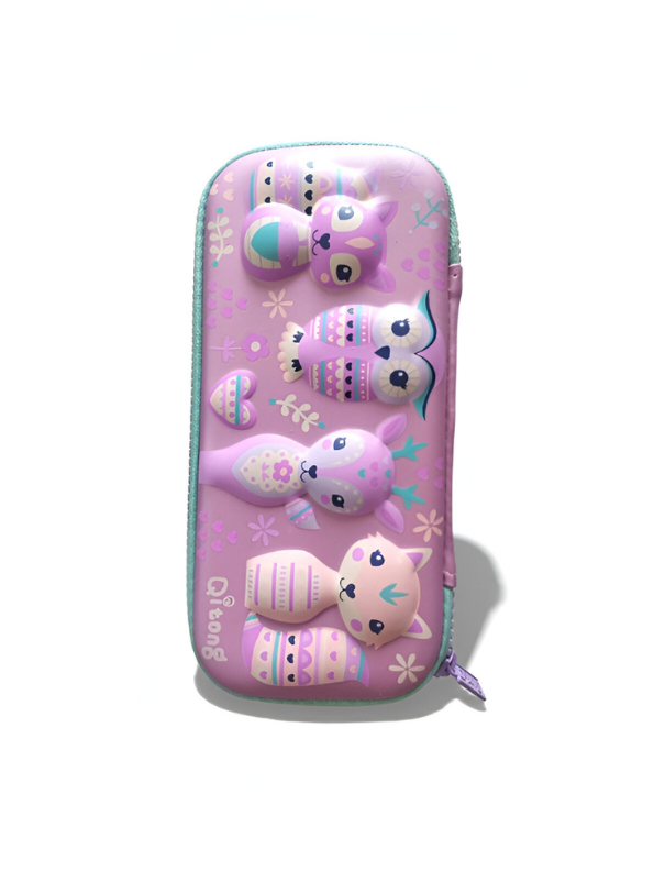 3D Embossed Hard Shell Pencil Case for Girls – Large EVA Stationery Pouch with Cute Owl, Deer & Fox – Pastel Purple Pouch.