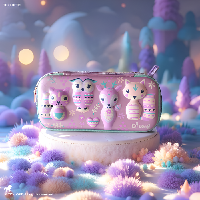 3D Embossed Hard Shell Pencil Case for Girls – Large EVA Stationery Pouch with Cute Owl, Deer & Fox – Pastel Purple Pouch.