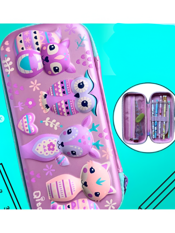 3D Embossed Hard Shell Pencil Case for Girls – Large EVA Stationery Pouch with Cute Owl, Deer & Fox – Pastel Purple Pouch.