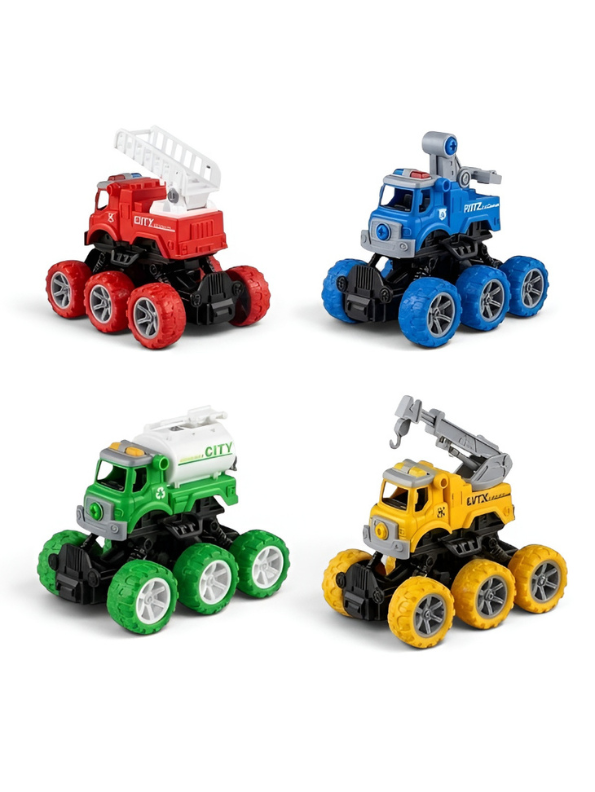 6-Wheel Take Apart Toy Truck Set – 4-Pack DIY Construction Vehicles with Toy Screwdriver, STEM Learning Building TV2587.
