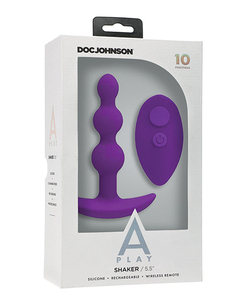 Purple A-Play shaker in packaging with Doc Johnson branding on a white background