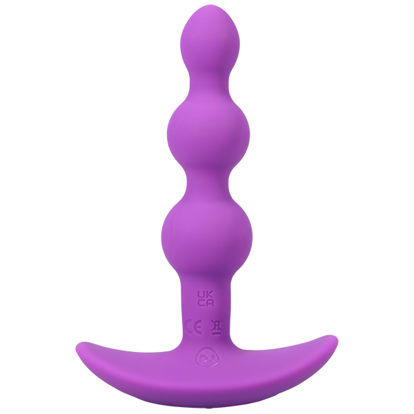 Purple silicone butt plug with brand logo on a white background