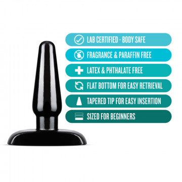 Black butt plug with safety features listed on a white background
