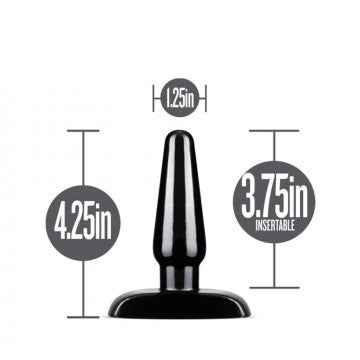 Black butt plug with measurements on a white background