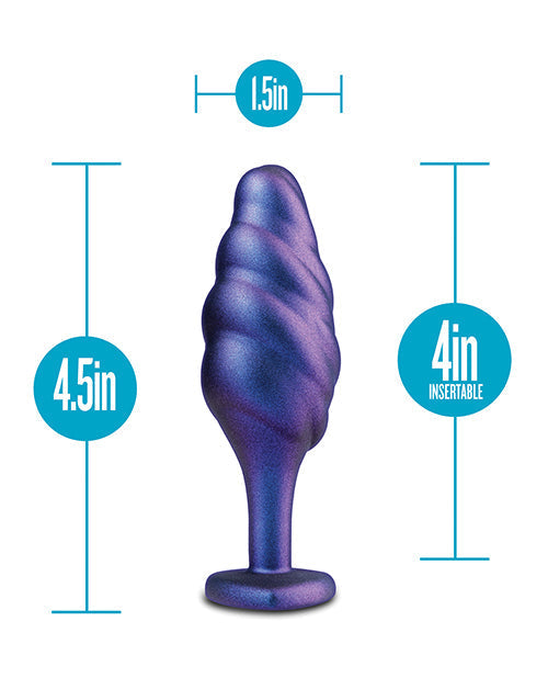 Purple swirl-shaped object with measurements on a white background