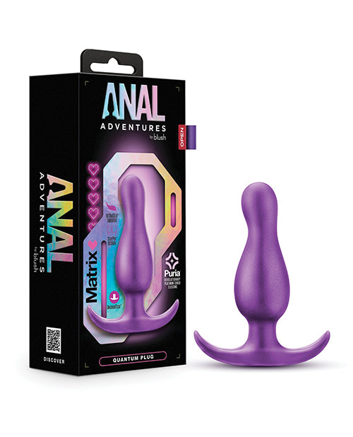 Purple anal plug with packaging labeled 'Anal Adventures' on a white background