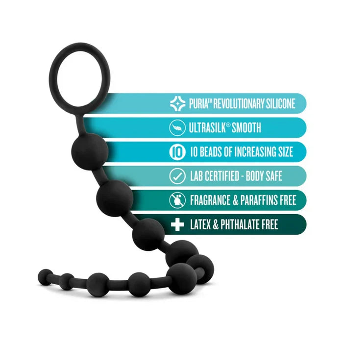 Black silicone beaded product with feature text on a white background