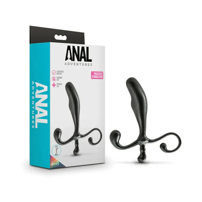 Black curved object with 'Anal Adventures' packaging on a white background