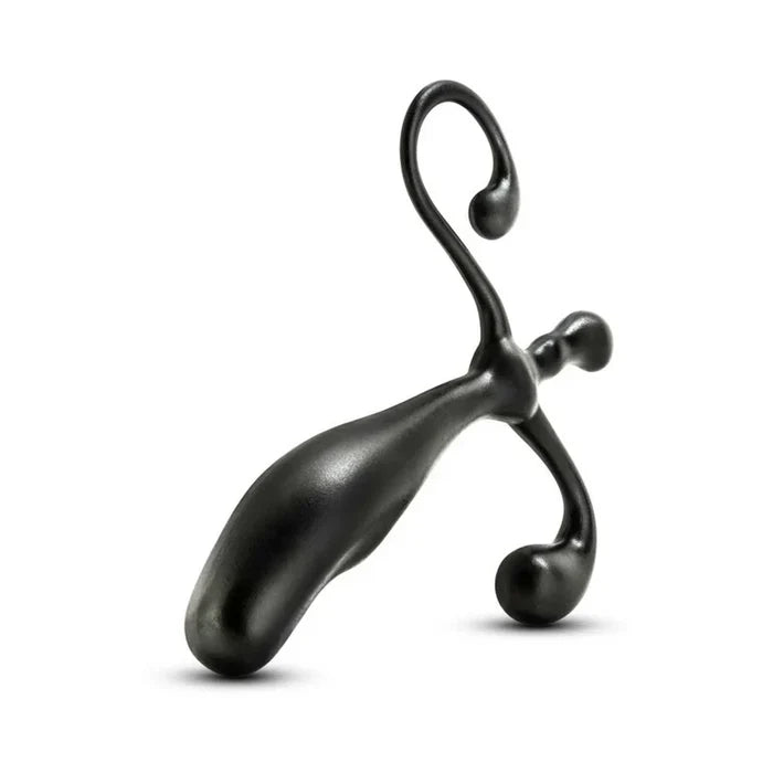 Black metal object with a curved design on a white background