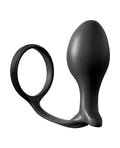 Black silicone butt plug on a white background