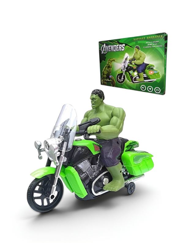 Avengers Hulk Bump & Go Motorcycle Toy – Battery Operated with Lights & Sound, Green Superhero Action Figure Bike TV740.