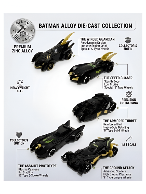 Batman Alloy Die-Cast Cars Set of 6 – Premium Zinc Alloy Toy Cars.