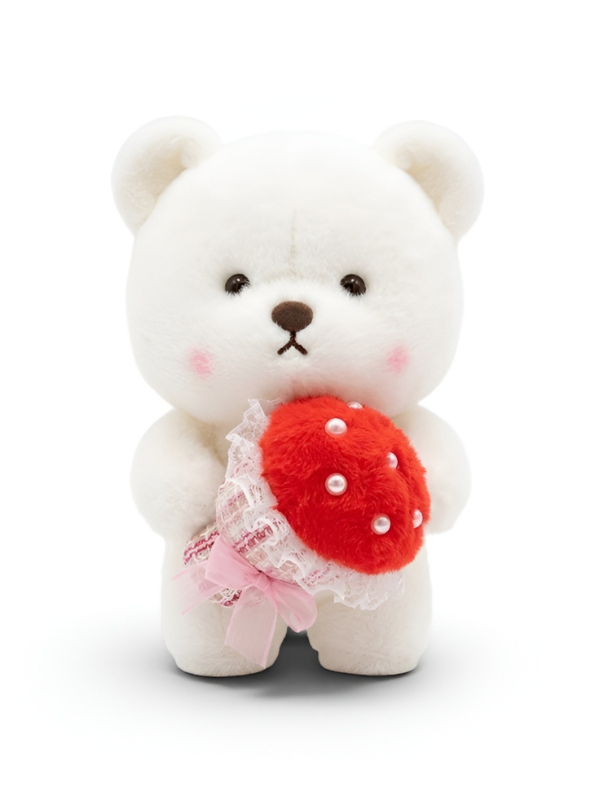 Bear with Red Strawberry Bouquet and Pearl Accents – 8-Inch White Plush Ultra-Soft Stuffed Animal Gift for Kids ST16463