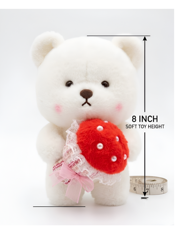 Bear with Red Strawberry Bouquet and Pearl Accents – 8-Inch White Plush Ultra-Soft Stuffed Animal Gift for Kids ST16463