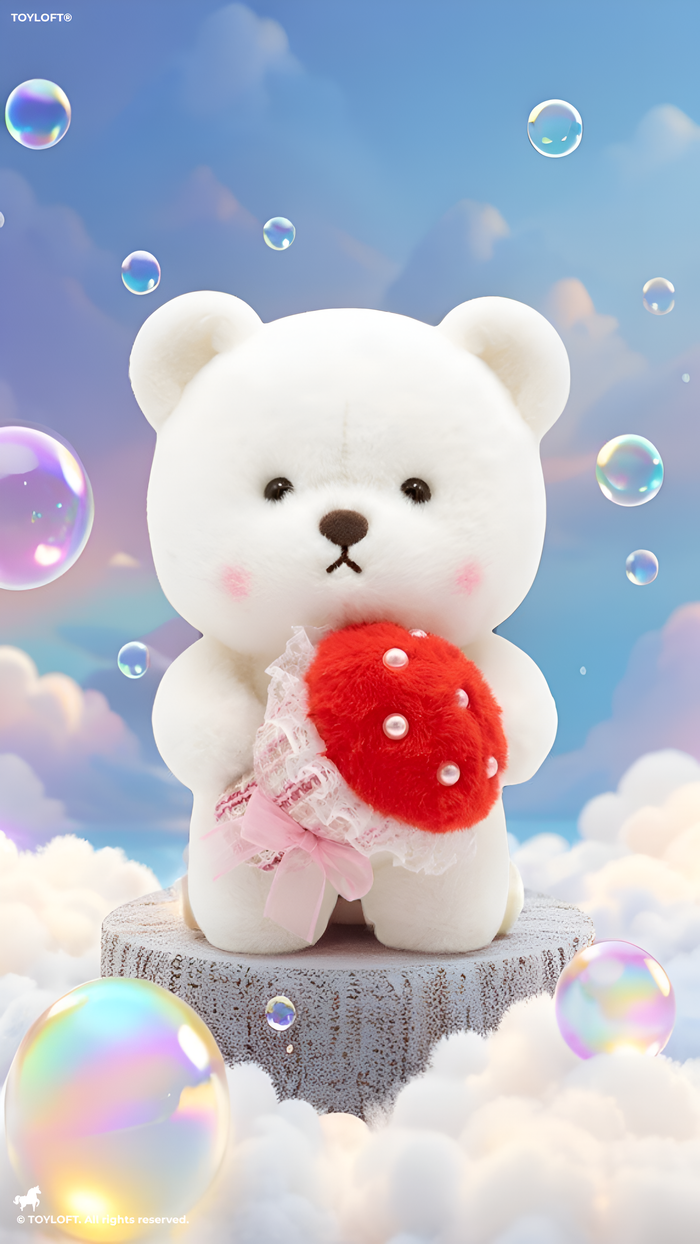 Bear with Red Strawberry Bouquet and Pearl Accents – 8-Inch White Plush Ultra-Soft Stuffed Animal Gift for Kids ST16463