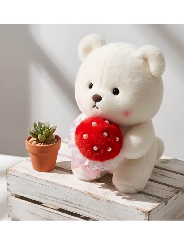 Bear with Red Strawberry Bouquet and Pearl Accents – 8-Inch White Plush Ultra-Soft Stuffed Animal Gift for Kids ST16463