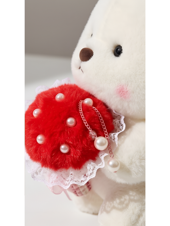 Bear with Red Strawberry Bouquet and Pearl Accents – 8-Inch White Plush Ultra-Soft Stuffed Animal Gift for Kids ST16463